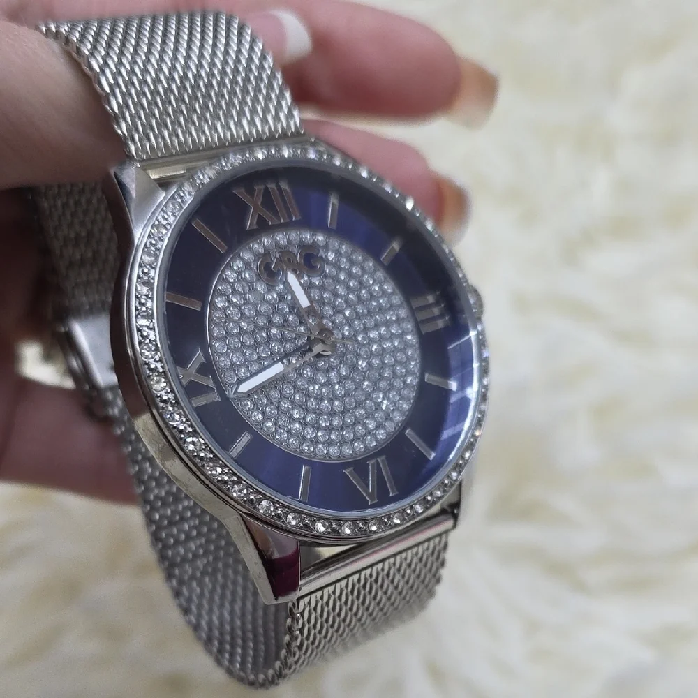 Guess Men's Silver Mesh Bracelet Watch with Blue Dial and Crystal Pavé